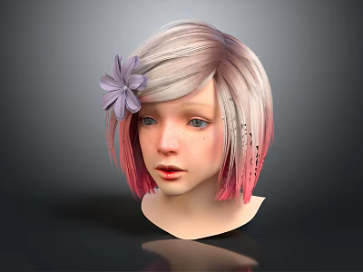 3D Digital Girl Character With Pastel Pink White Ombre Hair Purple Flower And Black Accents 3d model