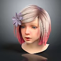 3D Digital Girl Character With Pastel Pink White Ombre Hair Purple Flower And Black Accents
