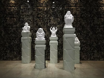 White Carved Buddha Sculptures Displayed On Stone Columns With Dark Wall 3d model