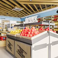 Modern General Merchandise Supermarket Interior With Checkout Counters Shelves And Fresh Fruits