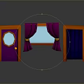 Purple Door With Circular Window Golden Handle And Window With Purple Curtains Orange Frames