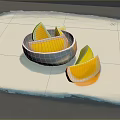 Fresh Orange Slices in Blue and White Bowl with Additional Slices on White Surface