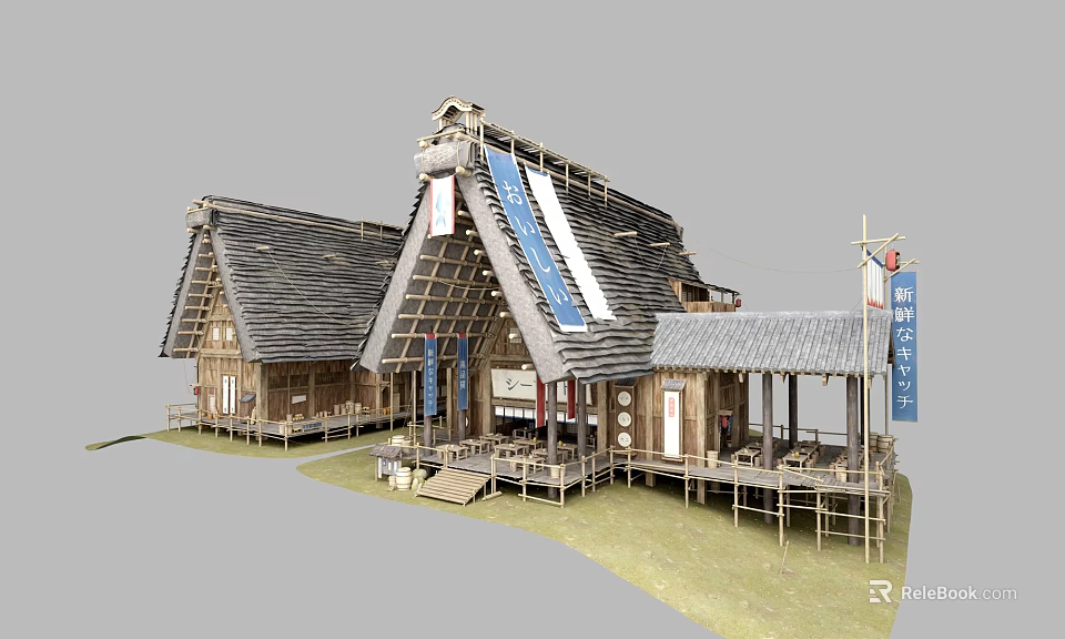 Traditional Ancient Building With Wooden Structure Tiled Roof And Decorative Banners 3d model 