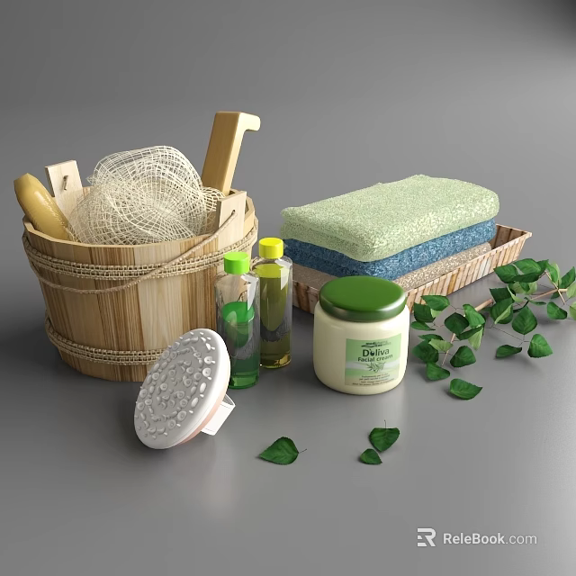 Essential Bathroom Accessories with Wooden Bucket Bath Sponge Lotion Jar And Green Leaves 3d model 