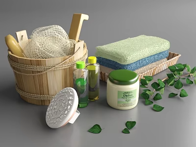 Essential Bathroom Accessories with Wooden Bucket Bath Sponge Lotion Jar And Green Leaves 3d model