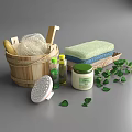 Essential Bathroom Accessories with Wooden Bucket Bath Sponge Lotion Jar And Green Leaves
