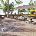 Relaxing Garden Landscape with Wooden Deck Outdoor Seating Palm Trees and Camper Van