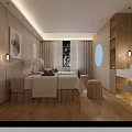 Luxury SPA Room Interior With Massage Bed Wooden Flooring Natural Light And Green Plants