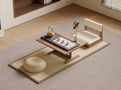 Japanese Style Tea Room Interior With Wooden Table Floor Cushion Chair And Vase 3d model