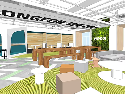 Modern Ongfor We Leisure Area With Green Plant Wall Wooden Long Table And Colored Stools 3d model