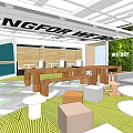 Modern Ongfor We Leisure Area With Green Plant Wall Wooden Long Table And Colored Stools
