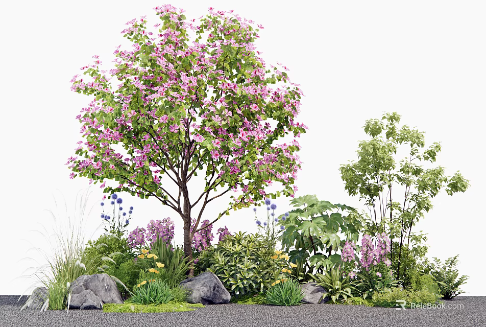 Garden Plant Combination With Flowering Tree Pink Blossoms Green Shrubs Herbs And Stones 3d model 