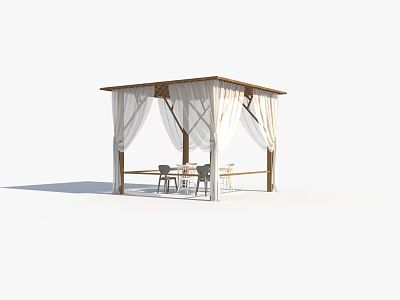Outdoor Wooden Pergola With White Curtains Table And Chairs For Leisure Space 3d model