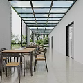 Modern Lounge Area Interior Design With Glass Ceiling Long Table And Green Plants