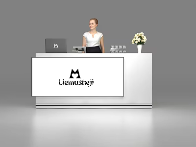 Modern Reception Desk with Lienmusteji Logo Receptionist Laptop and Flower Vase 3d model