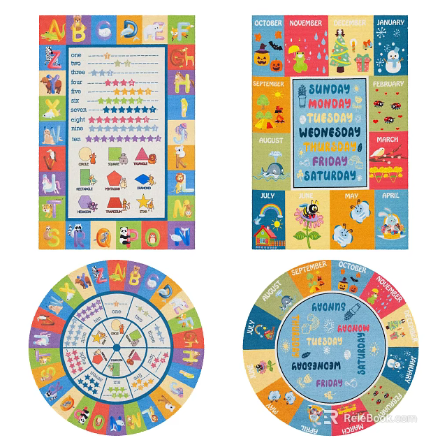 Colorful Square Carpet With Cartoon Patterns Days Of Week And Educational Elements 3d model