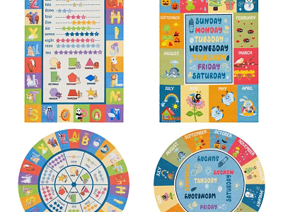 Colorful Square Carpet With Cartoon Patterns Days Of Week And Educational Elements 3d model