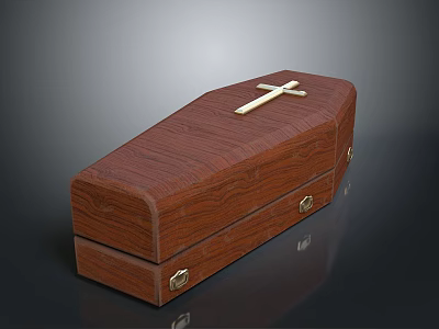 Brown Wooden Coffin Design With Gold Cross And Metal Clasps 3d model