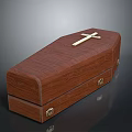 Brown Wooden Coffin Design With Gold Cross And Metal Clasps
