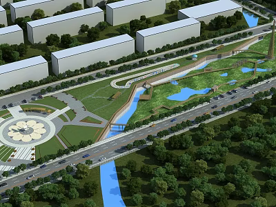 Scenic Urban Park Landscape With River Green Grassland Round Plaza And Trees 3d model