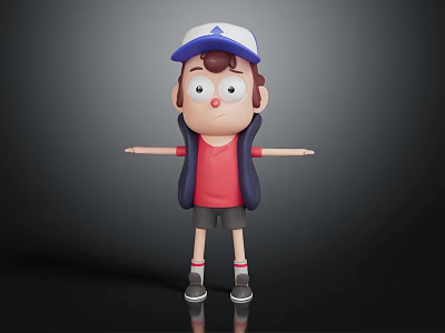 3D Cartoon Character Wearing Blue White Cap Red Shirt With Surprised Expression And Outstretched Arms 3d model