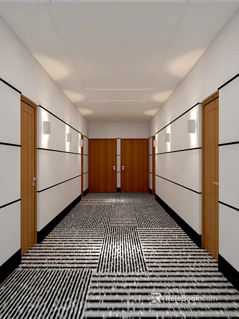 School Corridor With White Walls Black Stripes Wooden Doors Geometric Floor Tiles And Recessed Lighting 3d model 