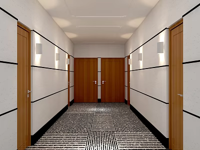 School Corridor With White Walls Black Stripes Wooden Doors Geometric Floor Tiles And Recessed Lighting 3d model