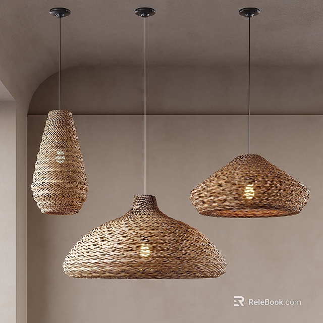 Three Woven Pendant Lights Hanging from Ceiling with Light Gray Wall and Arched Structure 3d model 