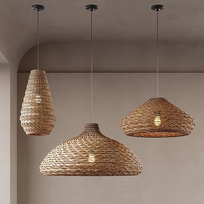 Three Woven Pendant Lights Hanging from Ceiling with Light Gray Wall and Arched Structure 3d model