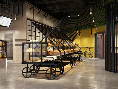 Bright Dessert Shop Interior Featuring Glass Display Cases Pastries Green Plants And Decorative Bicycle 3d model