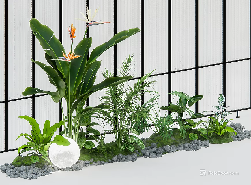 Lush Bird of Paradise and Ferns in White Planter with Pebbles and Black Grid Background 3d model 