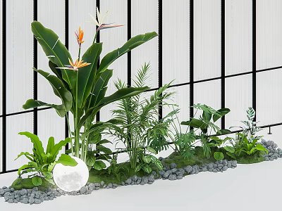 Lush Bird of Paradise and Ferns in White Planter with Pebbles and Black Grid Background 3d model