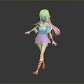 3D Woman Character With White Long Hair Blue Purple Top Purple Skirt Black Striped Stockings