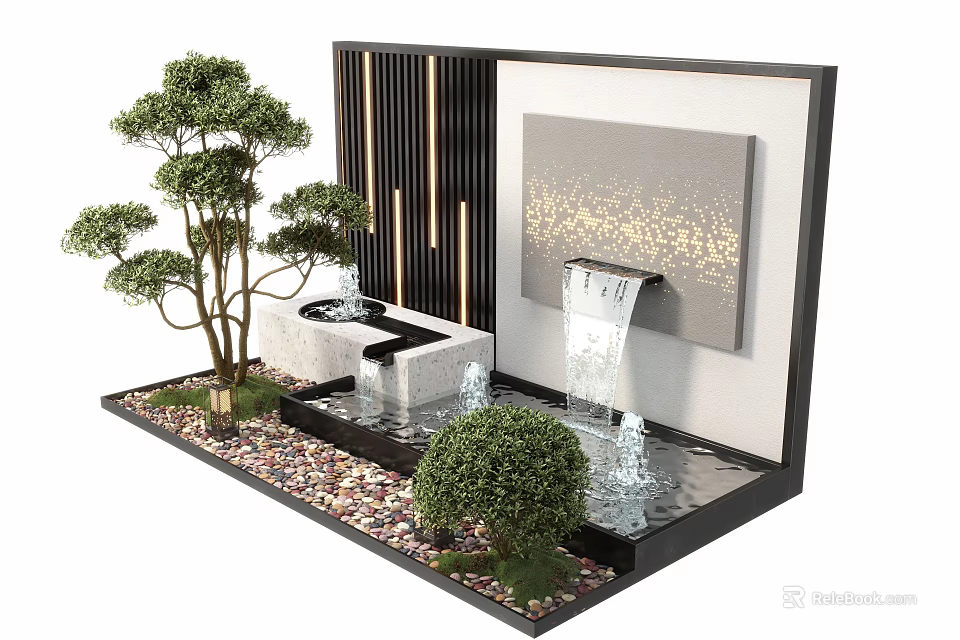 Modern Garden Wall Feature With Waterfall Small Trees Pebble Ground And Decorative Painting 3d model 