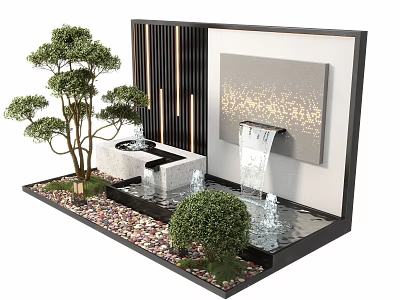 Modern Garden Wall Feature With Waterfall Small Trees Pebble Ground And Decorative Painting 3d model