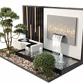 Modern Garden Wall Feature With Waterfall Small Trees Pebble Ground And Decorative Painting