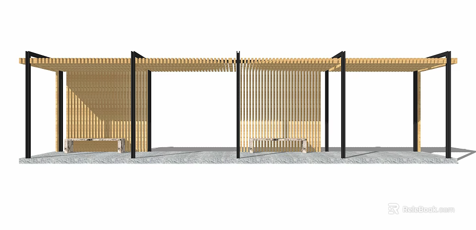 Wooden Pergola Design With Black Columns And Bench Seating 3d model