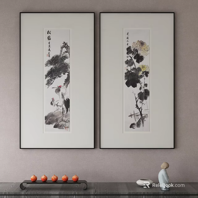Two Abstract Paintings With Pine And Chrysanthemum In White Frames On Gray Wall 3d model