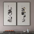 Two Abstract Paintings With Pine And Chrysanthemum In White Frames On Gray Wall 3d model