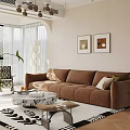 Cozy Living Room Interior with Brown Sofa Marble Coffee Table Wall Art and Green Plant