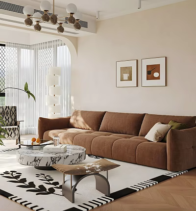 Cozy Living Room Interior with Brown Sofa Marble Coffee Table Wall Art and Green Plant 3d model