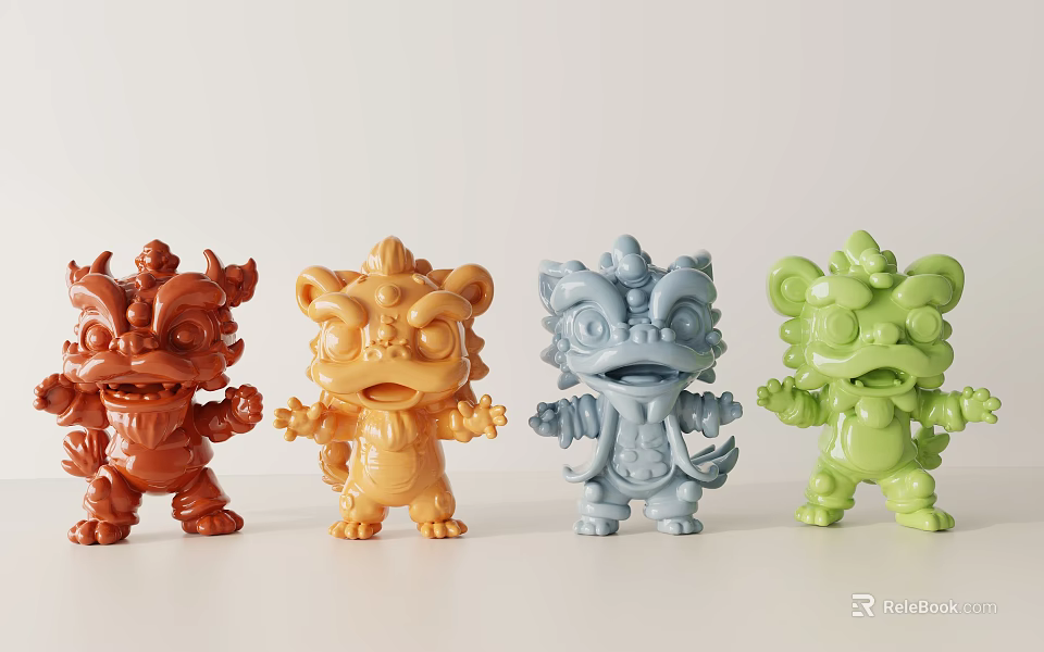 Decorative Four Piece Colorful Cartoon Style Lion Dragon Sculpture Carving Figurines 3d model 
