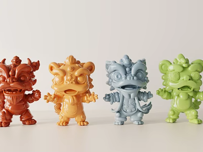 Decorative Four Piece Colorful Cartoon Style Lion Dragon Sculpture Carving Figurines 3d model