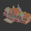 Cartoon Style 3D Model House with Orange Roof Multiple Spires Towers Windows and Entrance Plaza