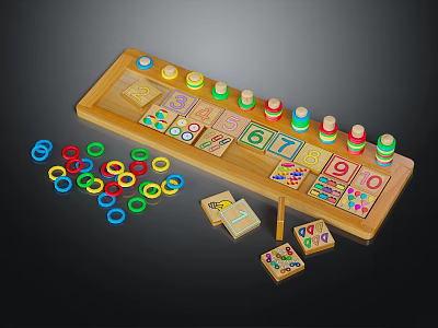 Wooden Educational Toy Tray With Numbers Colorful Rings And Building Blocks 3d model