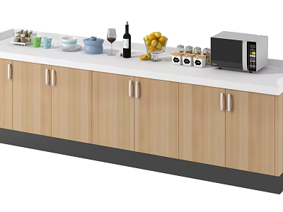 Wooden Console Cabinet Sideboard with Fruit Wine Glasses Microwave and Seasoning Jars 3d model