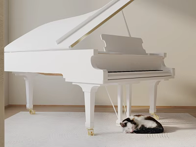 Elegant White Grand Piano Musical Instrument In Modern Interior With Cat Lying On Soft Rug 3d model