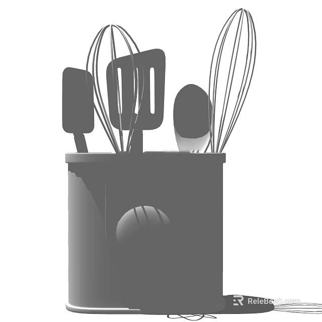 Organized Kitchen Utensils With Spatula Whisk And Spoon In Storage Container 3d model 