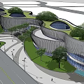 Modern Museum Building Design With Curved Green Roof And Circular Skylights