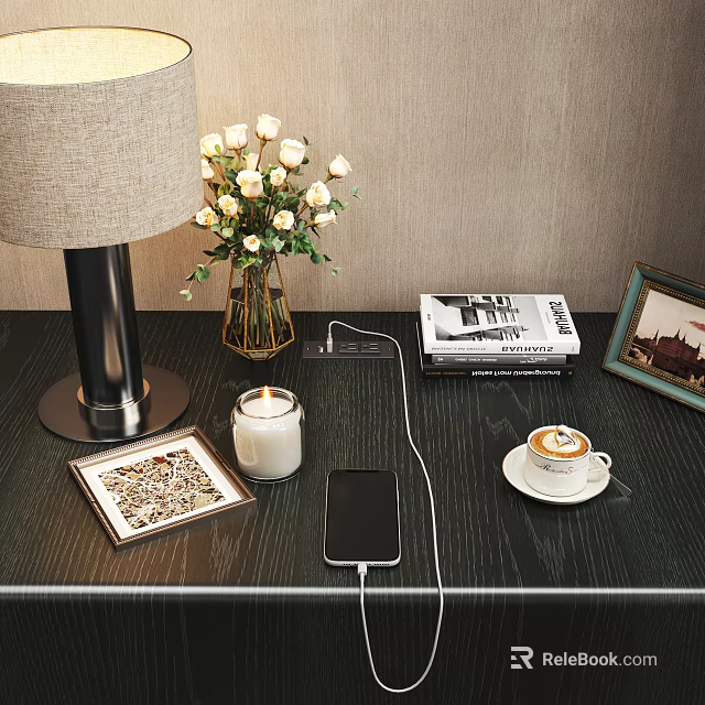 Decorative Ornament Set With Table Lamp Vase White Roses Photo Frame Candle And Coffee Cup 3d model 